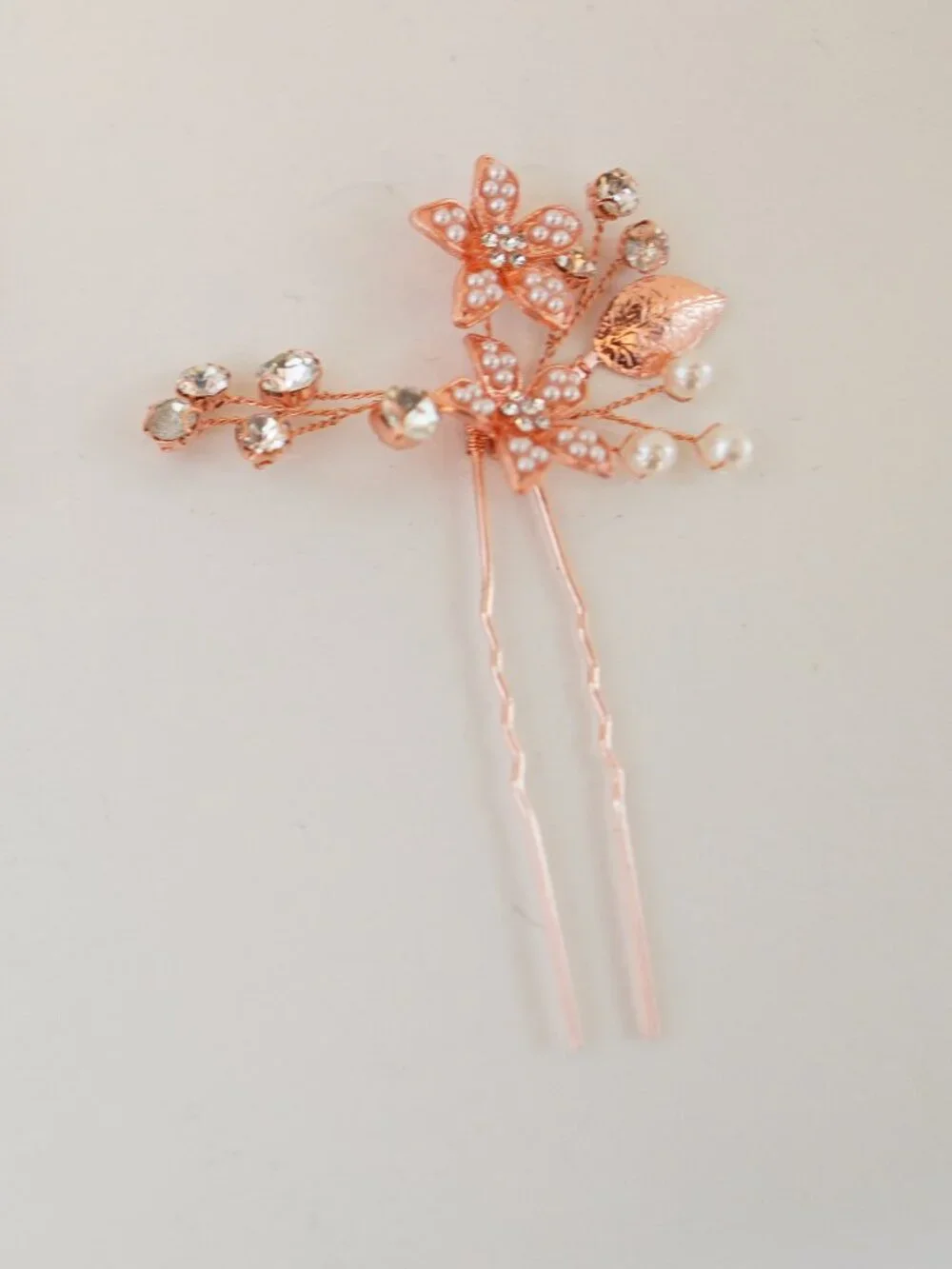 Set of 3 Rose Gold Floral Bridal Hair Pins Rhinestone Pearl Wedding Hair Accesso